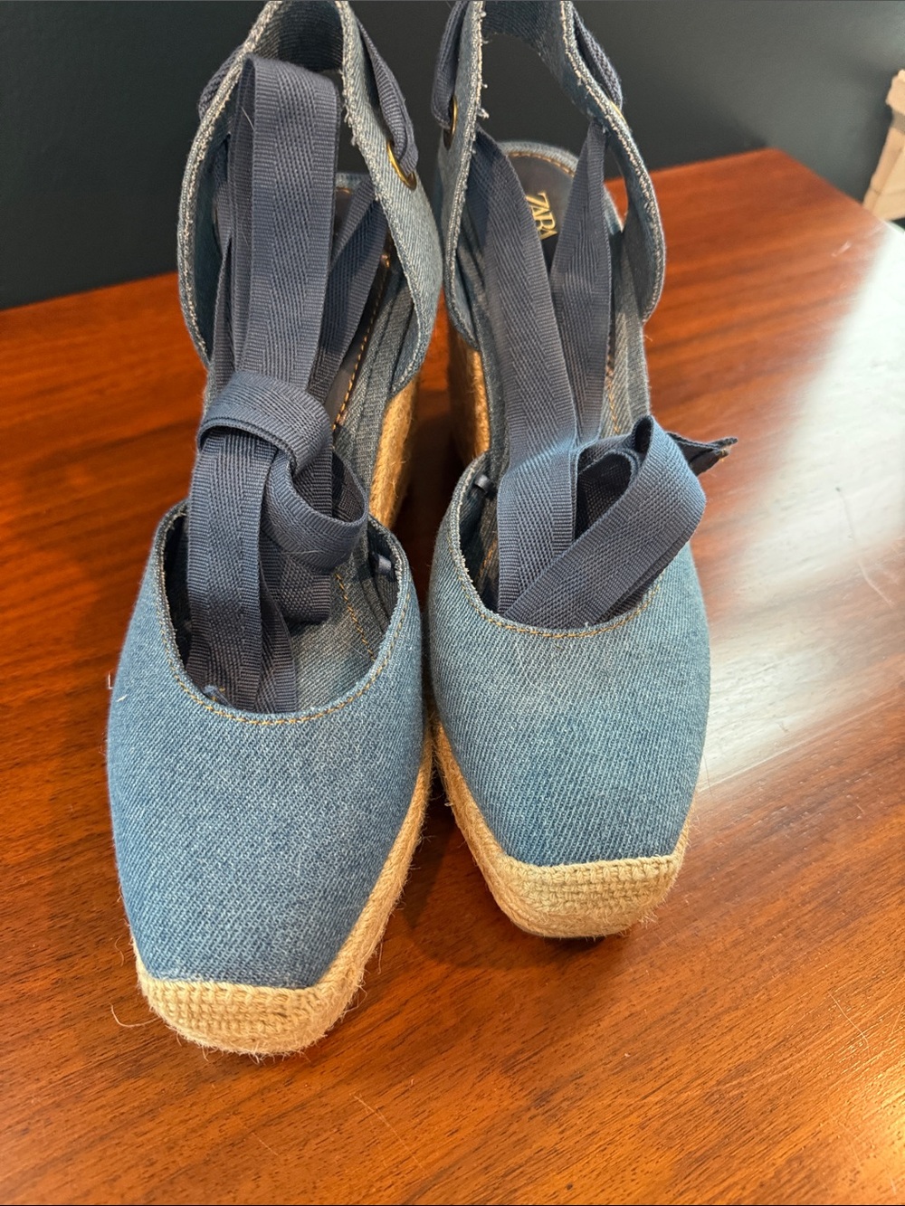 Zara Denim Wedge Espadrilles with Navy Ankle Ties